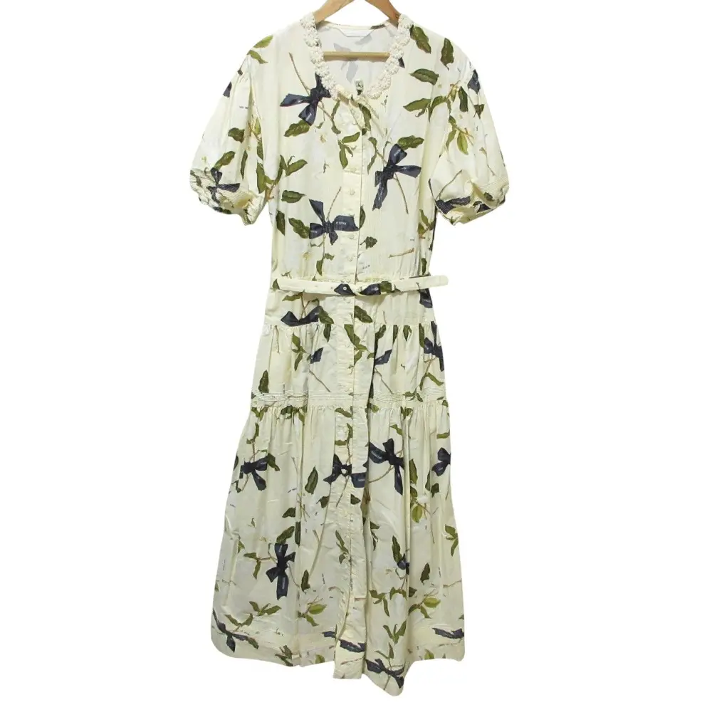 KANEKO ISAO カネコイサオ リボン フワラープリント 半袖 ロング ワンピース アイボリー