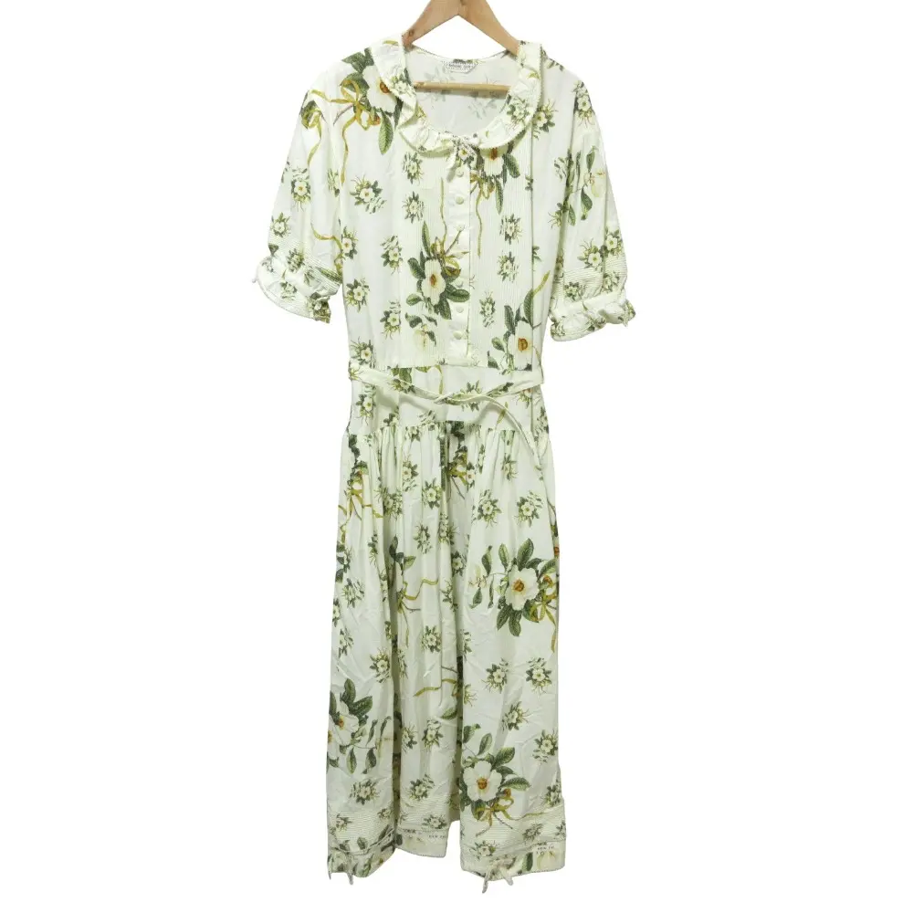 KANEKO ISAO カネコイサオ フラワープリント プリーツ 半袖 ロング ワンピース ホワイト