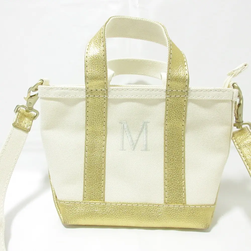 L.L.Bean エルエルビーン イニシャルM キャンバス ボートアンドトート ミニ ハンドバッグ ショルダーバッグ ホワイト ゴールド