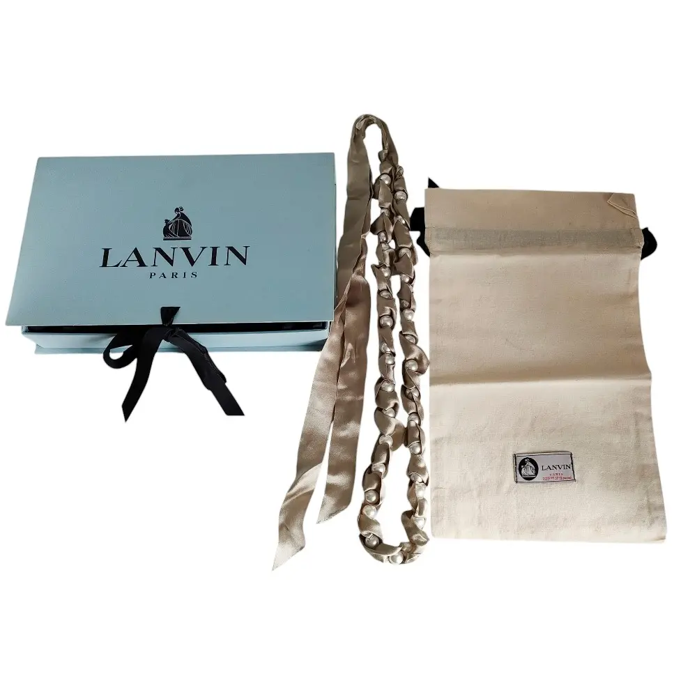 LANVIN ランバン シルク リボン フェイクパール ロングネックレス アクセサリー 箱付き ベージュ シャンパンゴールド