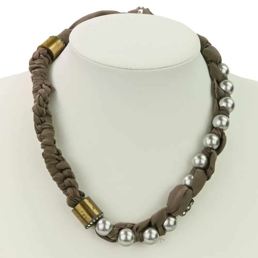 LANVIN ランバン パール リボン ファブリック ネックレス カーキ ブラウン