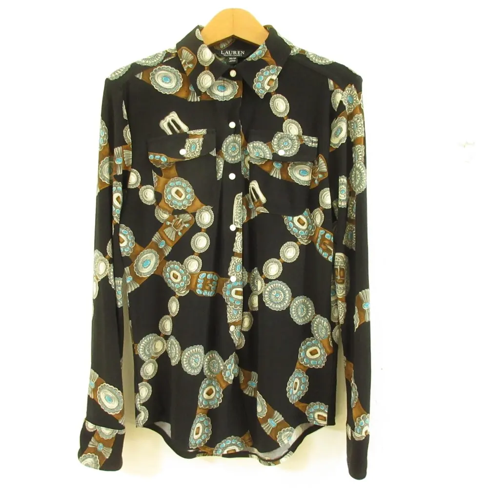 LAUREN RALPH LAUREN ローレンラルフローレン 総柄 ベルトプリント ストレッチ ジャージー 長袖 シャツ ブラウス XS ブラック