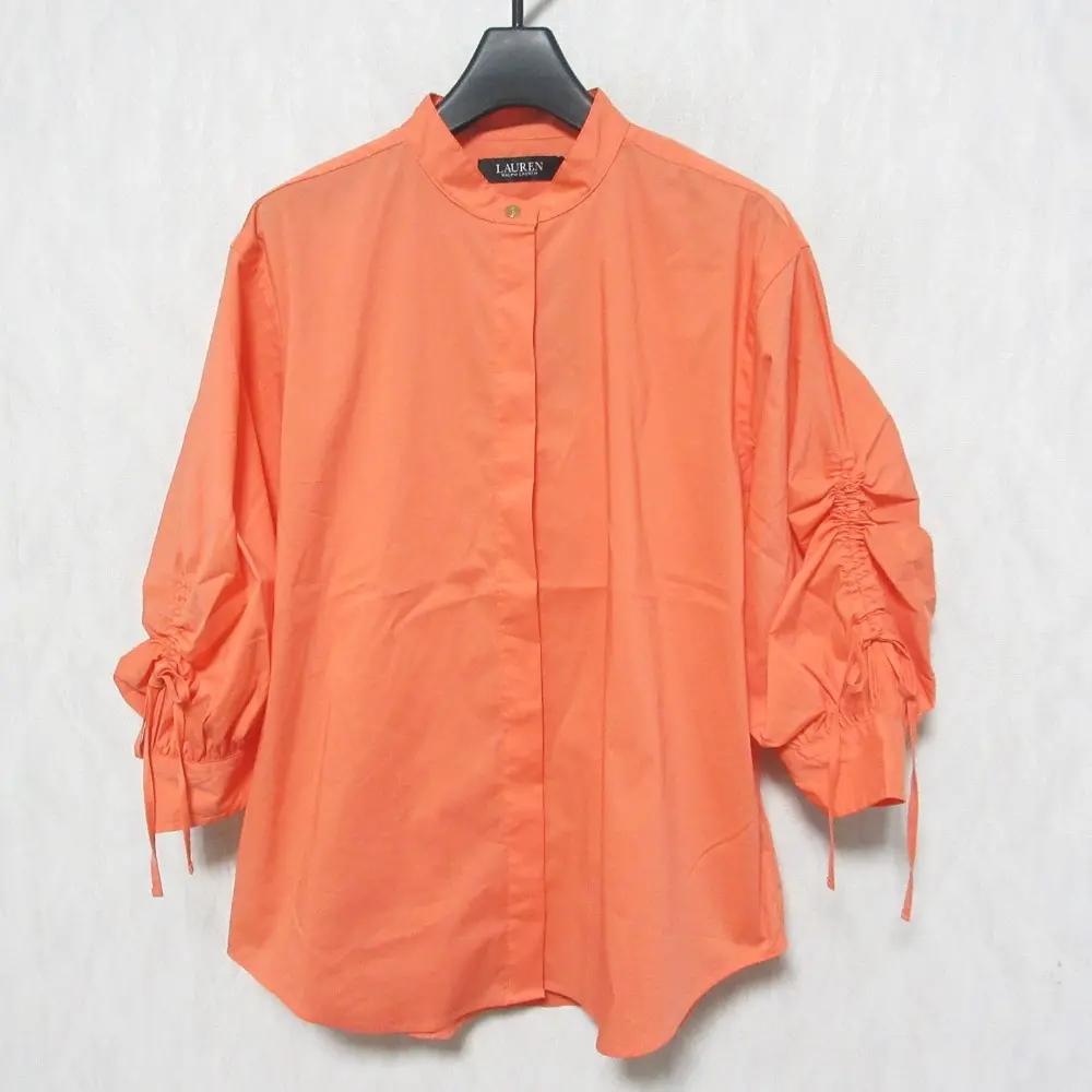 LAUREN RALPH LAUREN ローレンラルフローレン ギャザースリーブ 七分袖 ブラウス バンドカラーシャツ 4 オレンジ