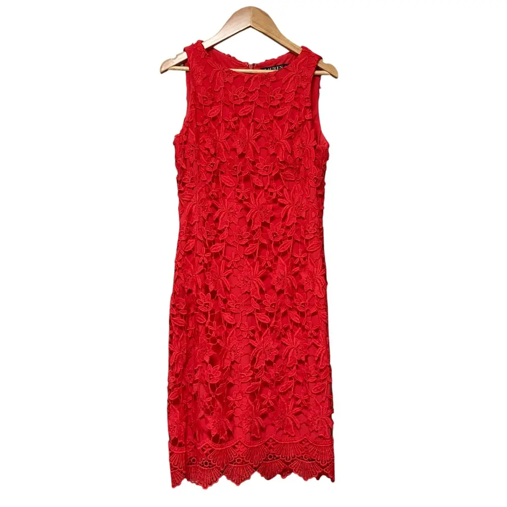 RALPH LAUREN ローレンラルフローレン ノースリーブ エンブロイダリーレース ドレス ひざ丈 ワンピース サイズ0 ピンク