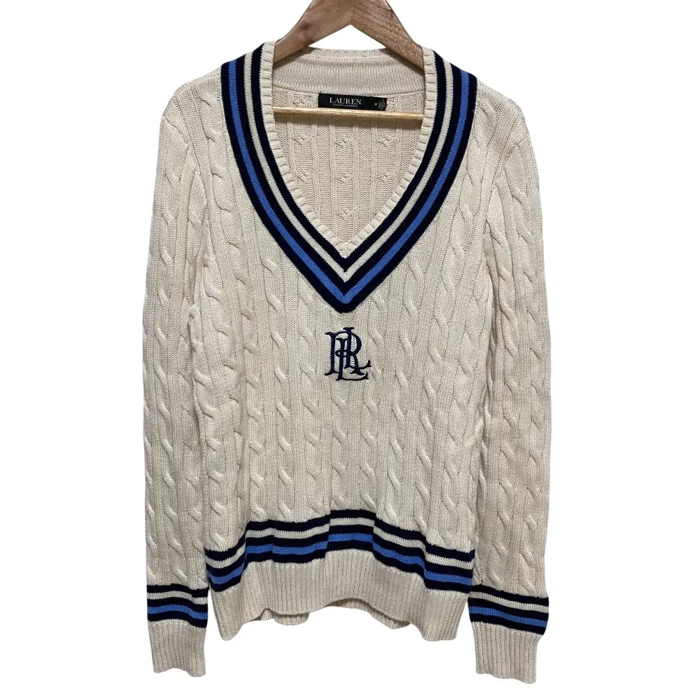 Lauren Ralph Lauren ローレンラルフローレン ケーブルニット スクールセーター Mサイズ オフホワイト×ブルー