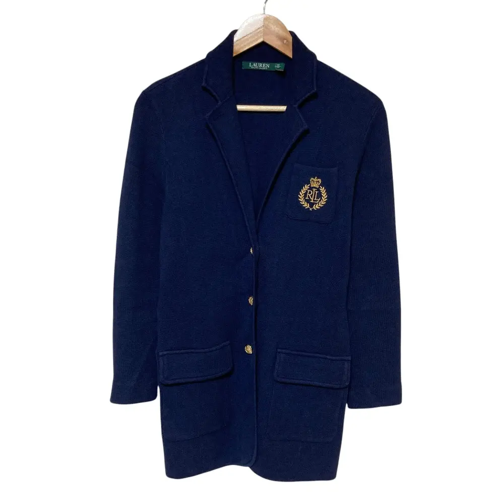 LAUREN RALPH LAUREN ローレンラルフローレン 金ボタン エンブレム ニットブレザー テーラードジャケット M ネイビー