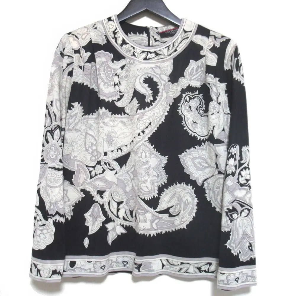 LEONARD FASHION レオナール フラワープリント ウールシルク 長袖 ブラウス カットソー LLサイズ ブラック×ホワイト系