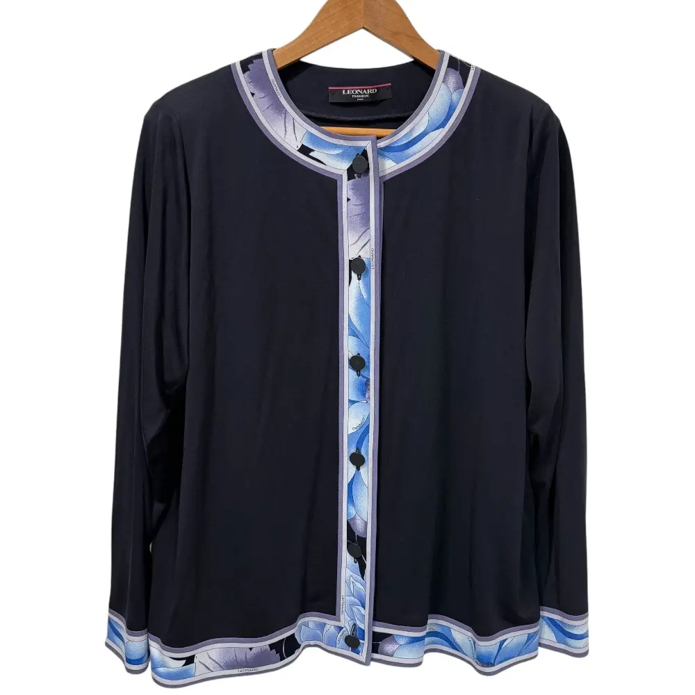 LEONARD FASHION レオナール カンカン ストレッチ フラワープリント ノーカラーカーディガン LL ネイビー