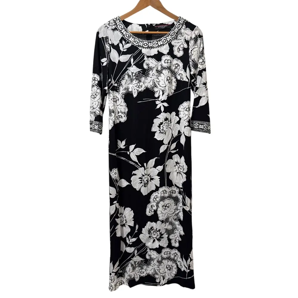 LEONARD FASHION レオナール フラワープリント 花柄 カンカン素材 七分袖 ロングワンピース L ブラック ホワイト