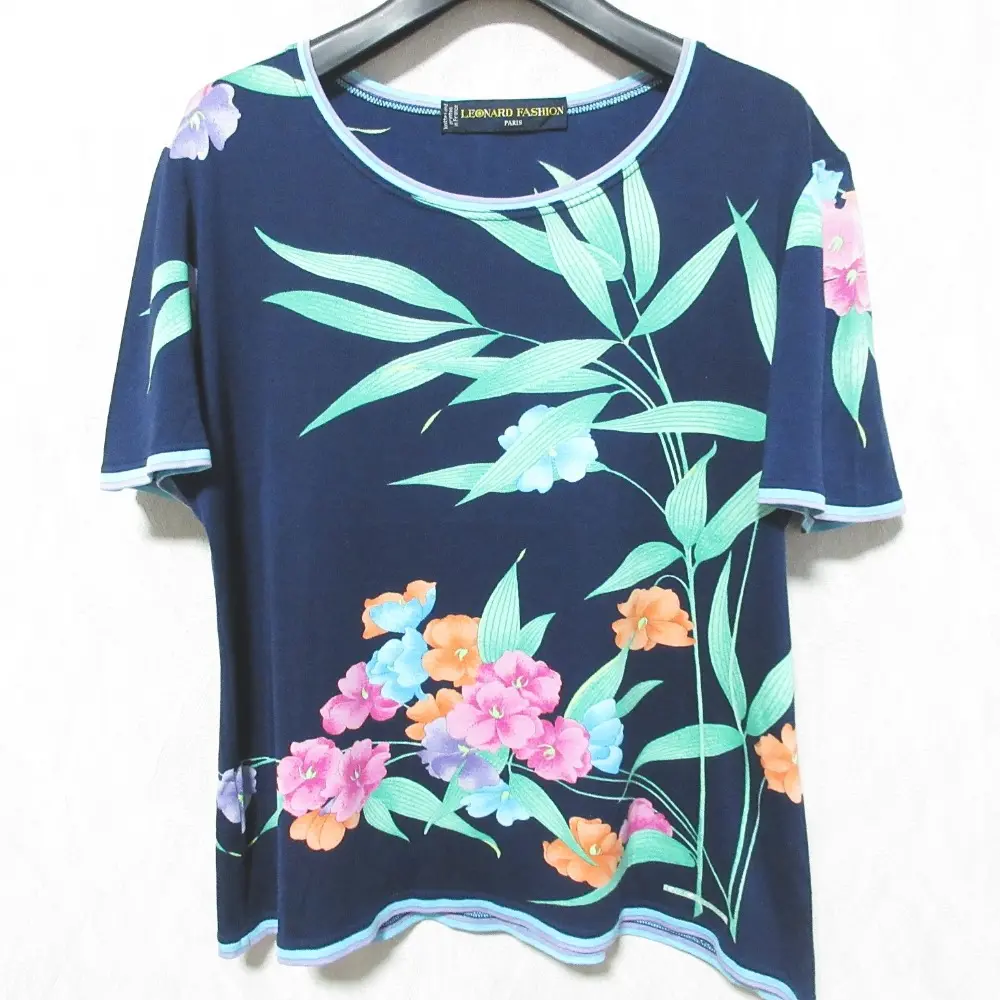 LEONARD FASHION レオナール フラワープリント ショートスリーブ カットソー プルオーバー L ネイビー