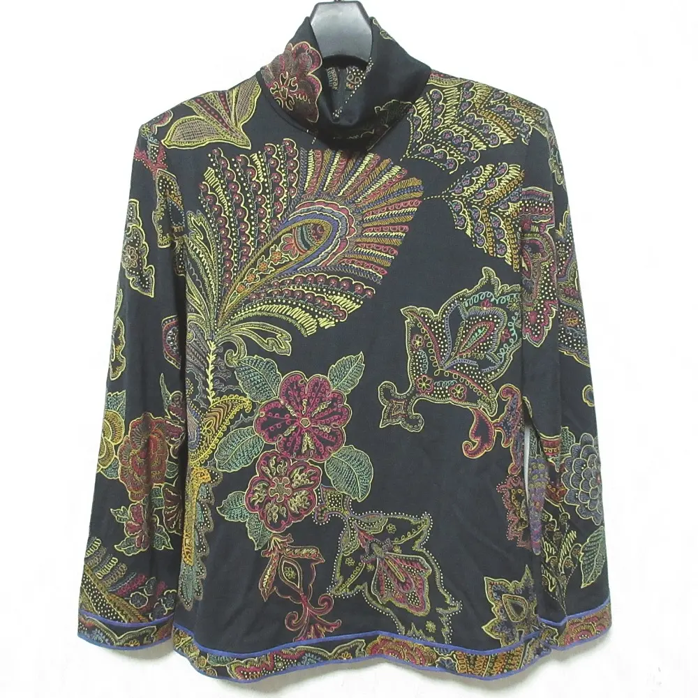 LEONARD FASHION レオナールファッション フラワーペイズリー柄 ウールシルク ハイネックカットソー サイズL ブラック