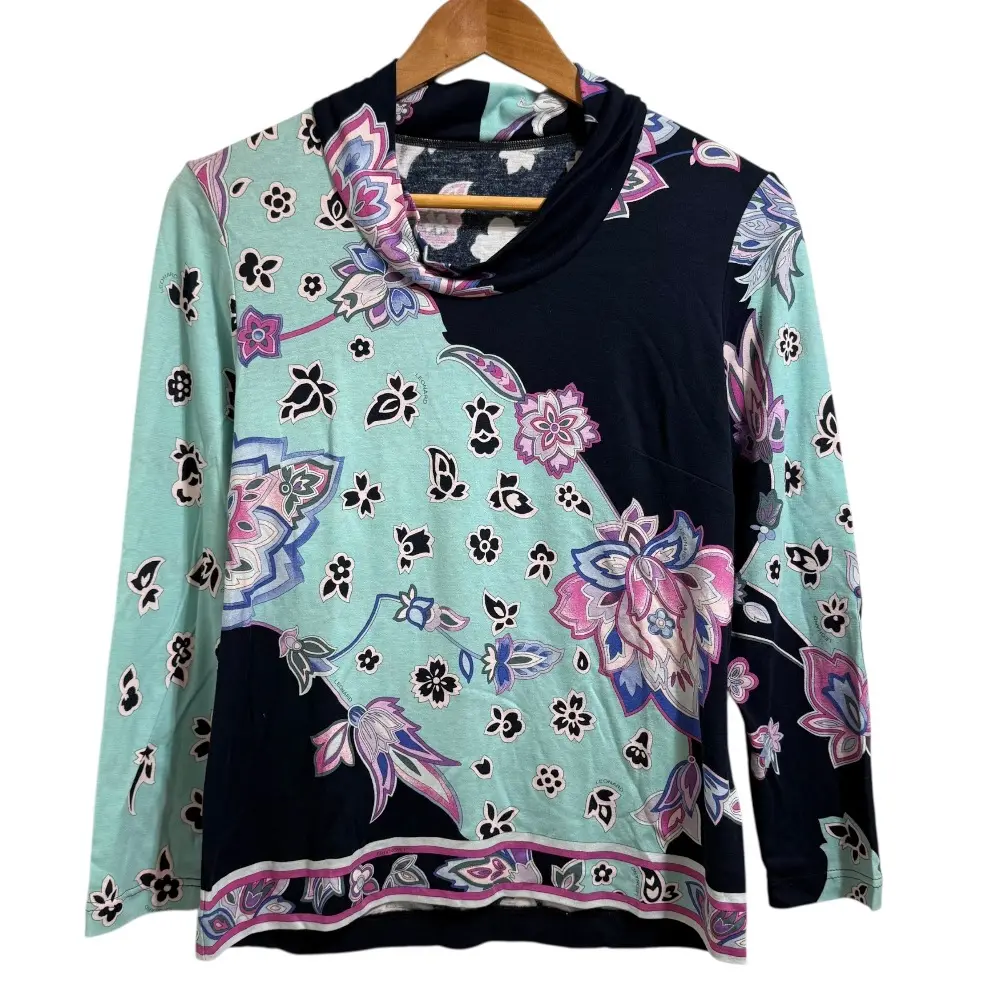 LEONARD FASHION レオナールファッション フラワープリント シルクブレンド 長袖 プルオーバー ブラウス L ブルー ネイビー