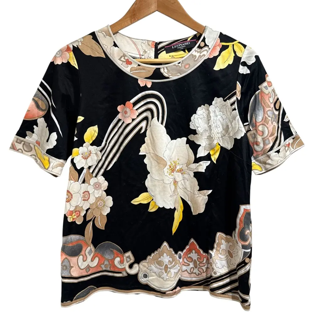 LEONARD FASHION レオナールファッション フラワープリント 半袖 プルオーバー ブラウス カットソー サイズLL ブラック