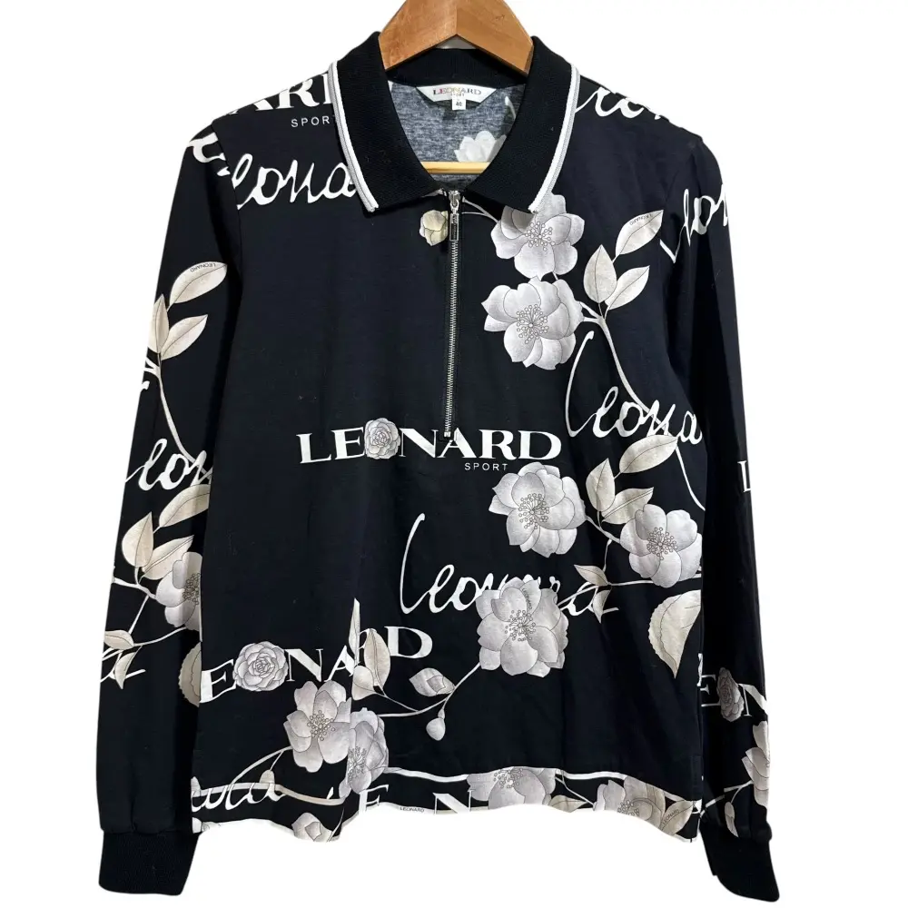 Leonard Sport レオナールスポーツ フラワープリント 長袖 ハーフジップ ブラウス カットソー 40 ブラック