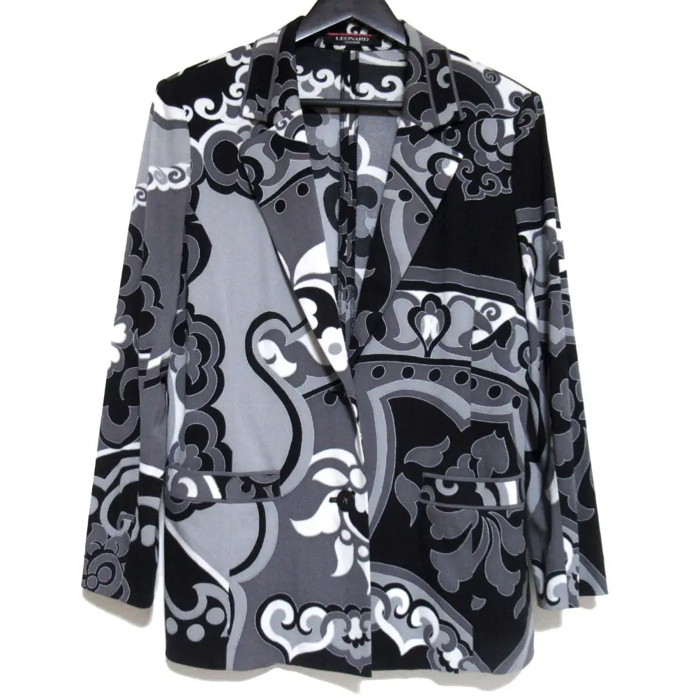 LEONARD FASHION レオナールファッション カンカン フラワープリント ジャケット LLサイズ ブラック×グレー×ホワイト