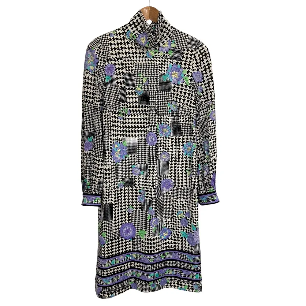 LEONARD FASHION レオナールファッション グレンチェック柄×花柄 ハイネック ワンピース 36 ブラック×ホワイト