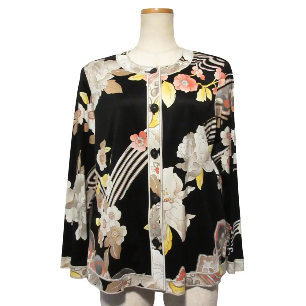 LEONARD FASHION レオナール フラワープリント 総柄 薄手 ノーカラージャケット カーディガン LL ブラック