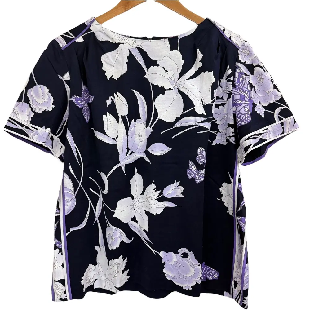 LEONARD FASHION レオナールファッション フラワー×バタフライプリント 半袖 ブラウス 42 ネイビー