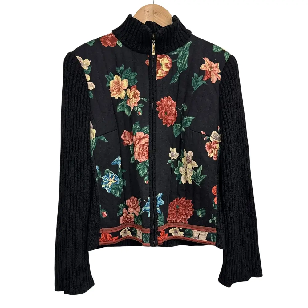 LEONARD FASHION レオナールファッション 花柄 シルクブレンド ハイネック ニットジャケット サイズLL ブラック