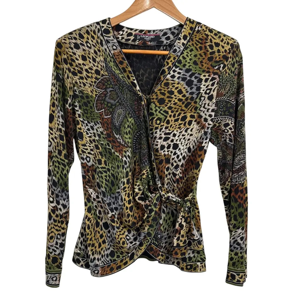 LEONARD FASHION レオナールファッション レオパード×ペイズリー柄 シルク100％ 長袖 ブラウス サイズ11R マルチカラー
