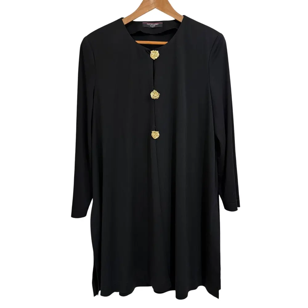 LEONARD FASHION レオナールファッション カンカンストレッチ 金ボタン ノーカラーコート サイズM ブラック