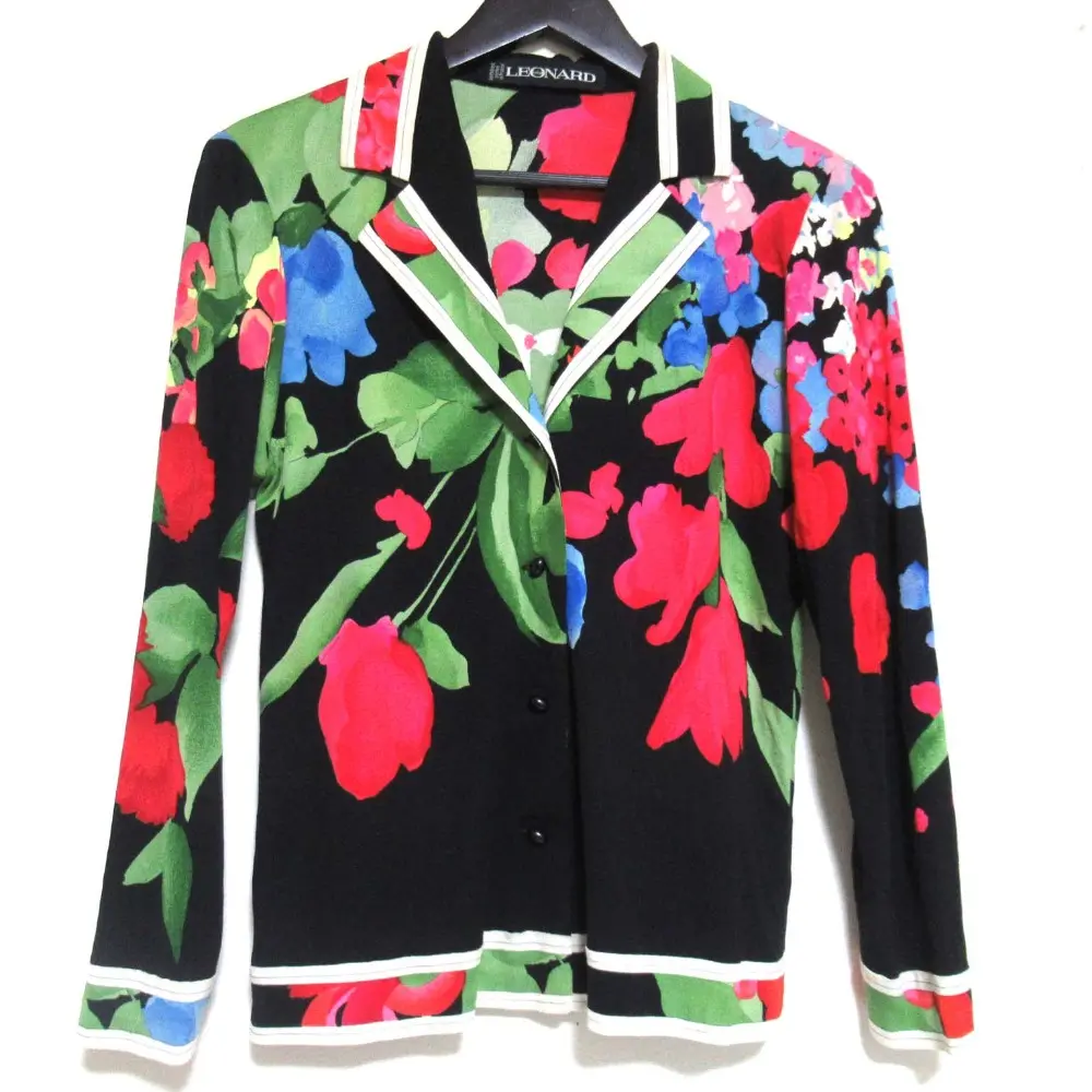 LEONARD FASHION レオナールファッション フラワープリント シルク オープンカラー ブラウス 11AB3サイズ ブラック系