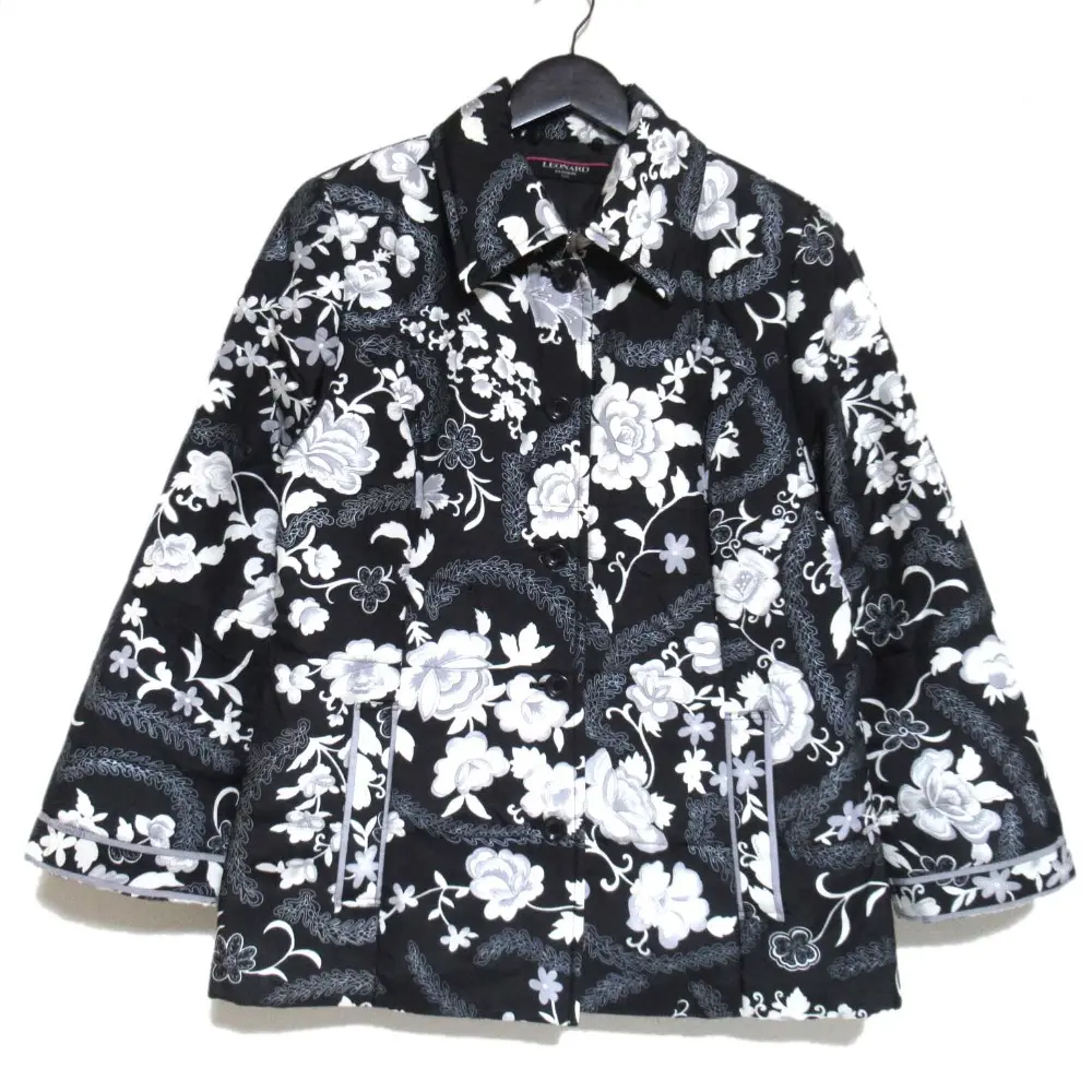 LEONARD FASHION レオナールファッション フラワープリント シルク パテッドジャケット 11AR ブラック
