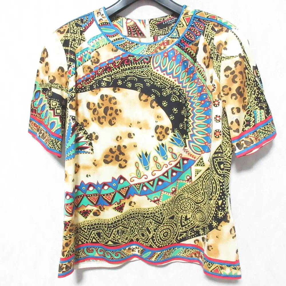 LEONARD FASHION レオナールファッション オリエンタル柄 ショートスリーブ カットソー LL ベージュ マルチカラー