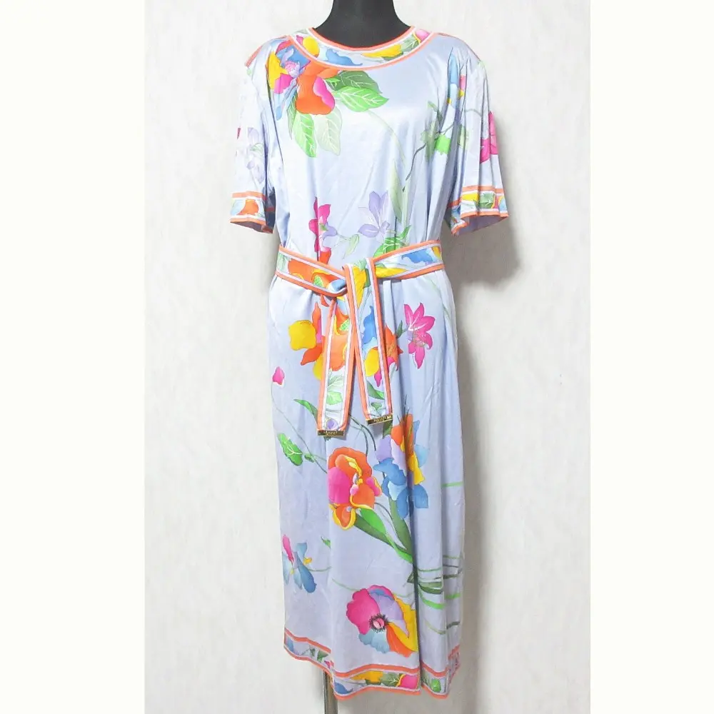 LEONARD FASHION レオナールファッション フラワープリント ベルテッドワンピース LL ライトパープル