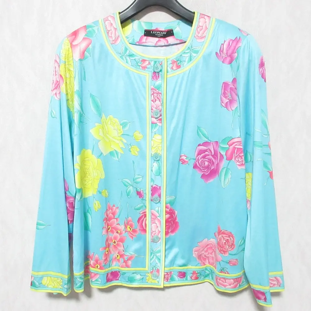 LEONARD FASHION レオナールファッション フラワープリント ノーカラージャケット カーディガン LL ライトブルー