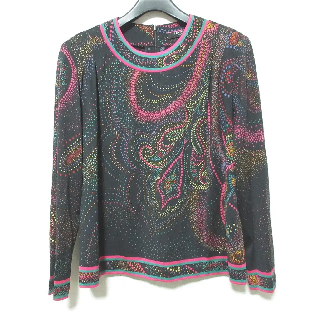 LEONARD FASHION レオナールファッション ドットペイズリー ウールシルク ロングスリーブ カットソー L ブラック
