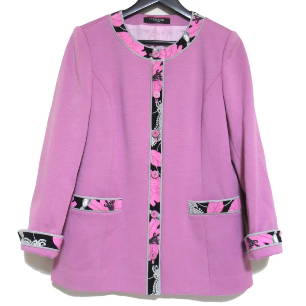 LEONARD FASHION レオナールファッション フラワープリントトリム ノーカラージャケット サイズ42 ピンク