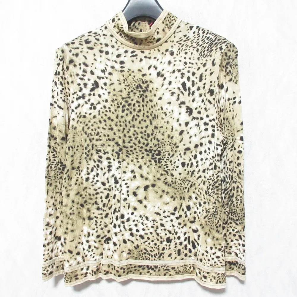 LEONARD FASHION レオナール ウール シルク ヒョウ柄 レオパード ハイネック 長袖 カットソー M ベージュ