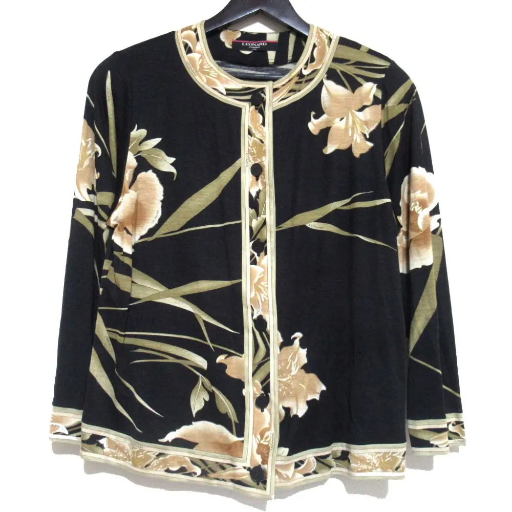 LEONARD FASHION レオナールファッション フラワープリント ウールシルク ノーカラージャケット Lサイズ ブラック