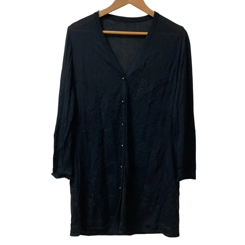 LEONARD FASHION レオナールファッション フラワージャガード ロングニットカーディガン サイズ42 ブラック