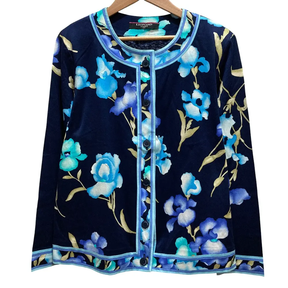 LEONARD FASHION レオナールファッション フラワープリント ノーカラーブラウス Lサイズ ネイビー
