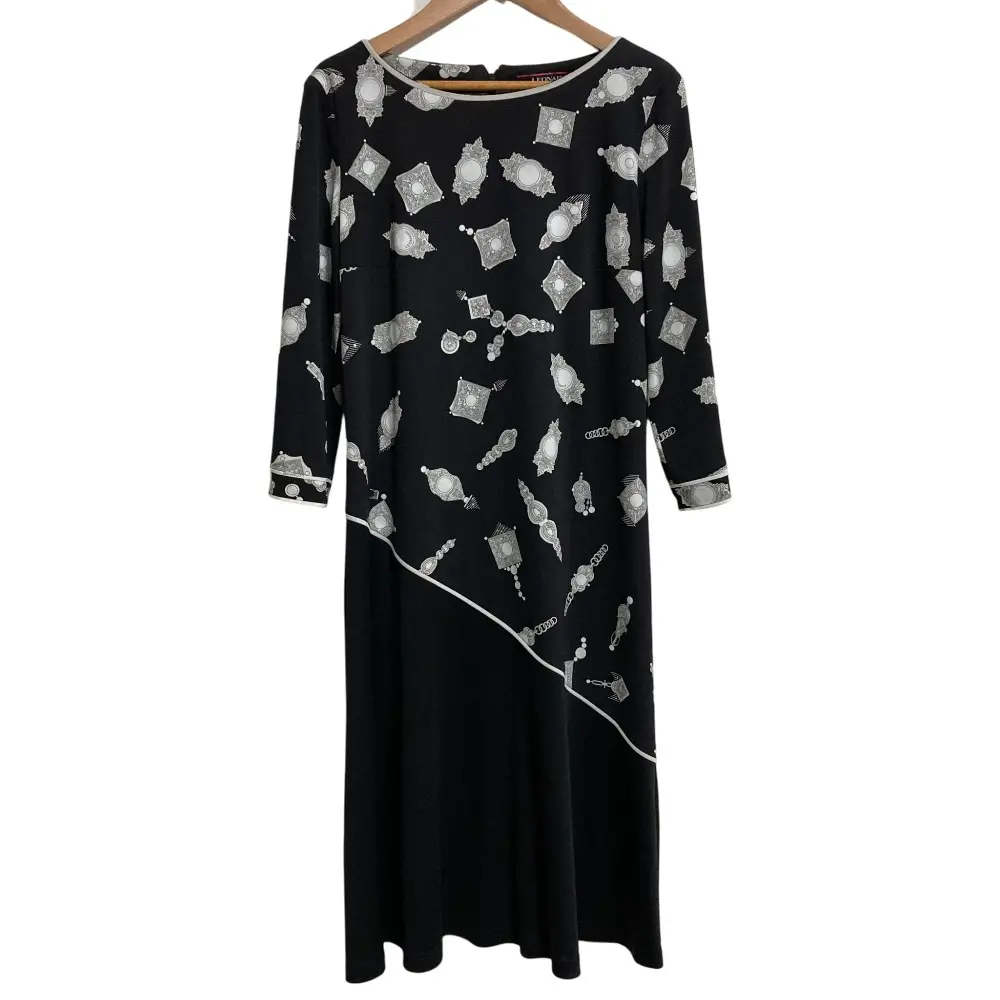LEONARD FASHION レオナールファッション ビジュープリント カンカンストレッチ ワンピース サイズ40 ブラック