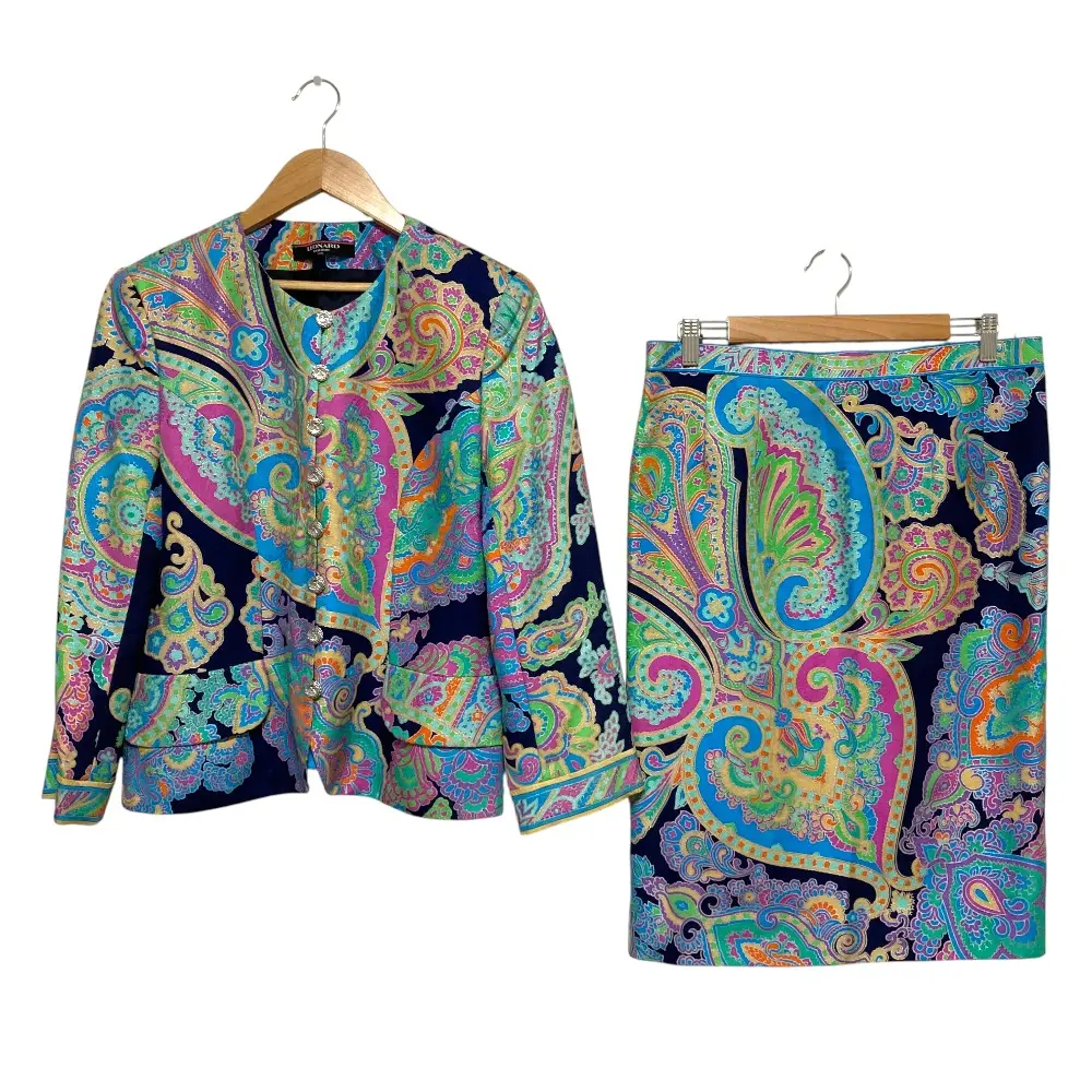レオナールファッション シルク ペイズリー ジャガード ジャケット タイトスカート セットアップ 11AR ブルー ネイビー