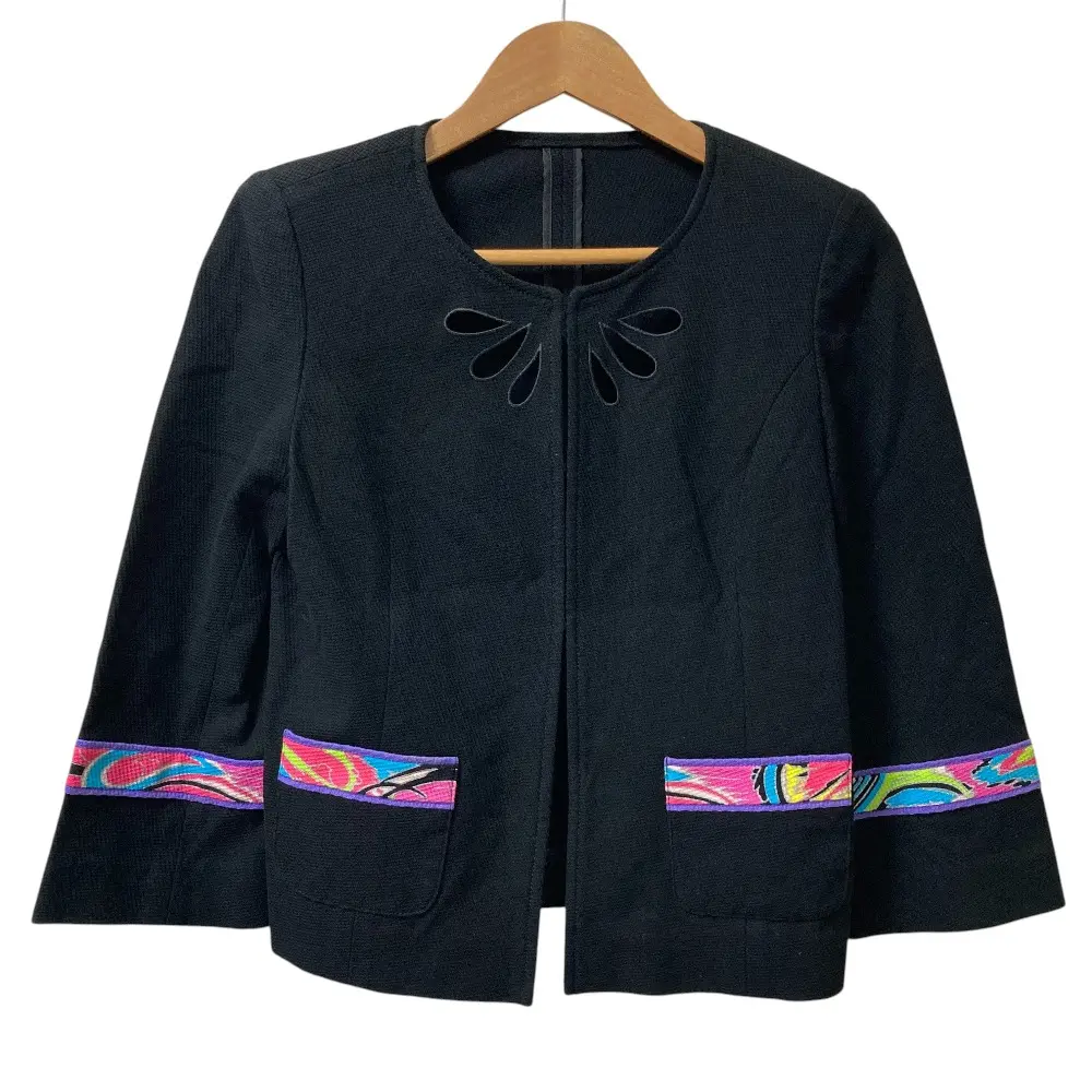 LEONARD FASHION レオナールファッション カットワーク ノーカラージャケット サイズ40 ブラック