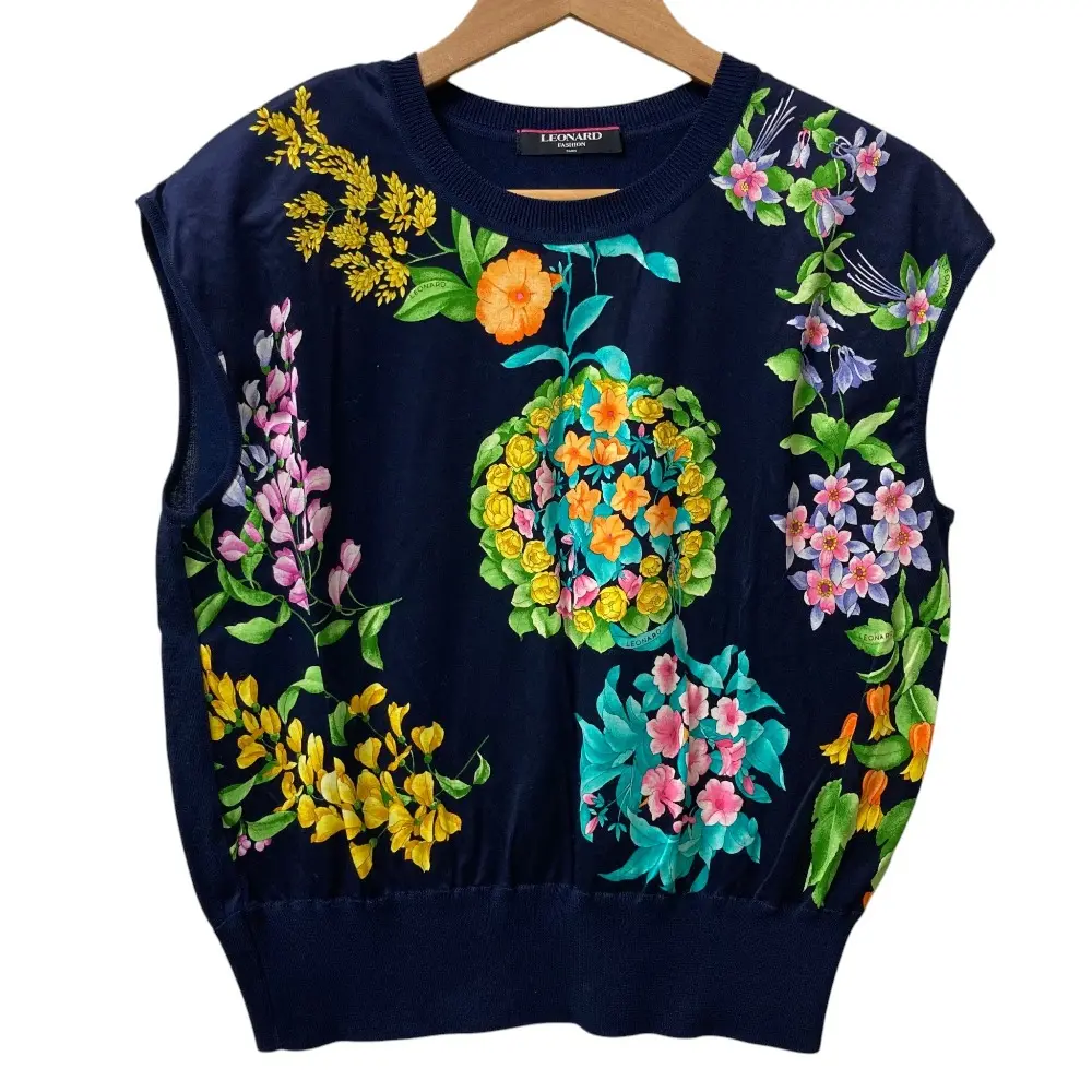 LEONARD FASHION レオナールファッション フラワープリント ノースリーブ ニット ブラウス カットソー ベスト M ネイビー