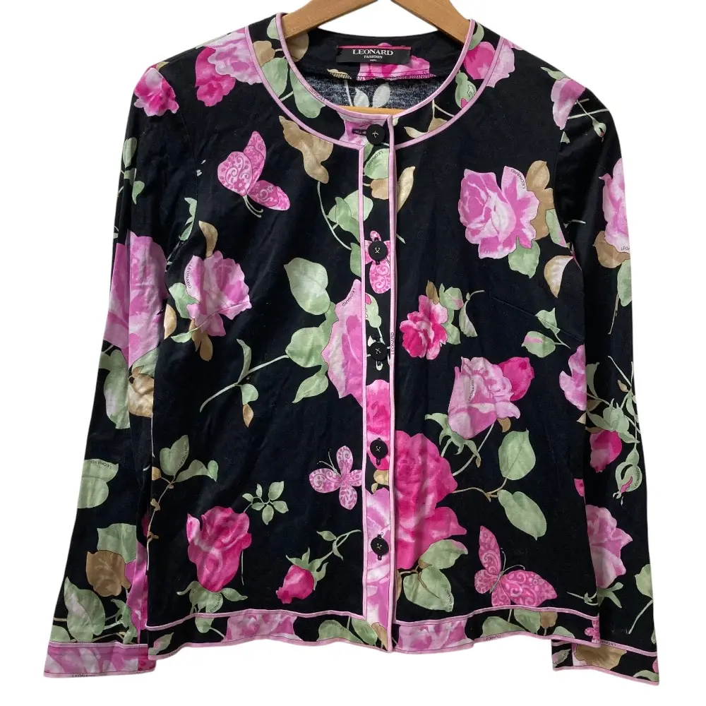 LEONARD FASHION レオナールファッション フラワープリント コットンカーディガン サイズL ブラック×ピンク×マルチカラー