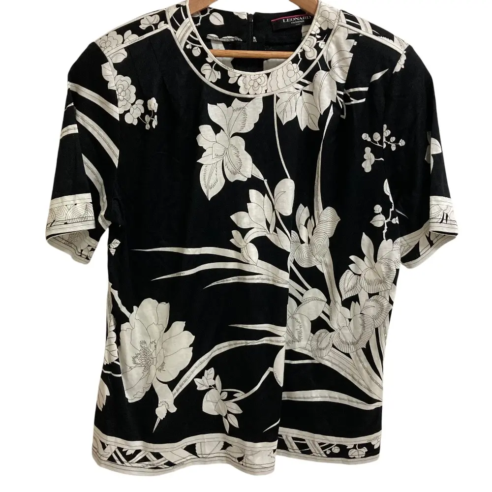 LEONARD FASHION レオナールファッション フラワープリント コットカットソー サイズLL ブラック×ホワイト