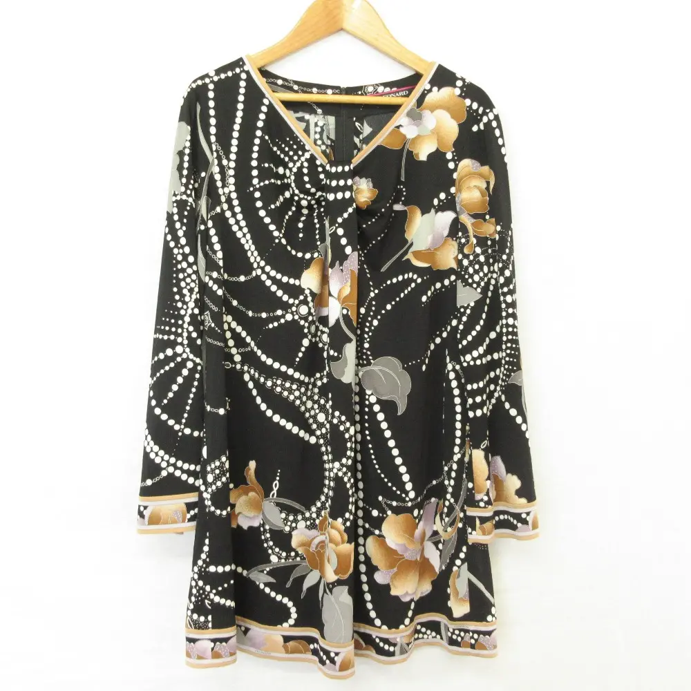 LEONARD FASHION レオナールファッション フラワープリント カンカンストレッチ チュニックブラウス サイズ42 ブラック ブラウン
