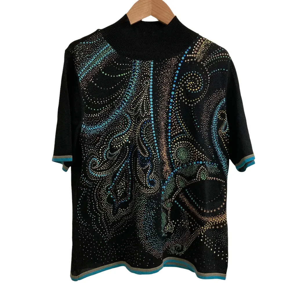 LEONARD FASHION レオナールファッション シルク100％ ラインストーン ショートスリーブ ニット カットソー LL ブラック