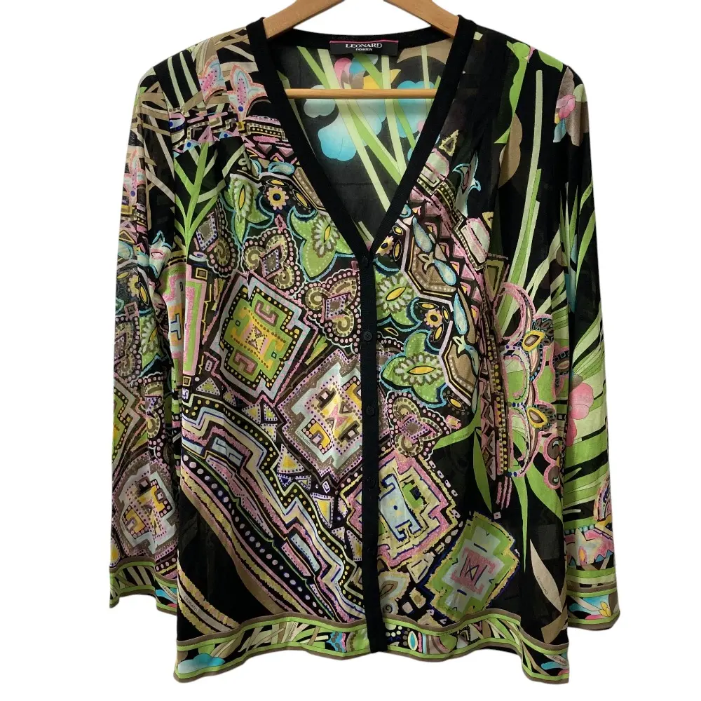 LEONARD FASHION レオナールファッション フラワー×ペイズリープリント カンカンストレッチ カーディガン 42 ブラック