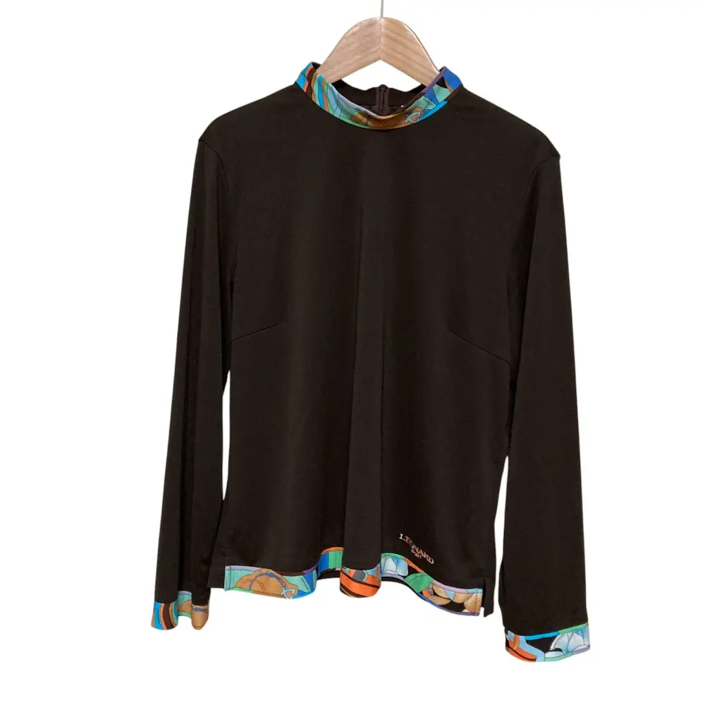 LEONARD SPORT レオナールスポーツ フラワープリントトリム ハイネック 長袖 プルオーバー ブラウス 42 ブラウン