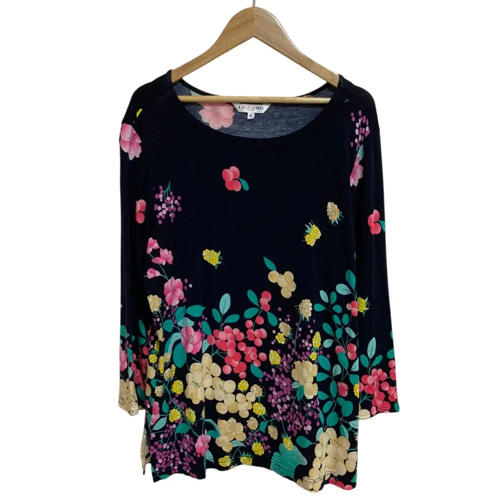 LEONARD SPORT レオナールスポーツ フルーツプリント ブラウス カットソー サイズ42 ネイビー