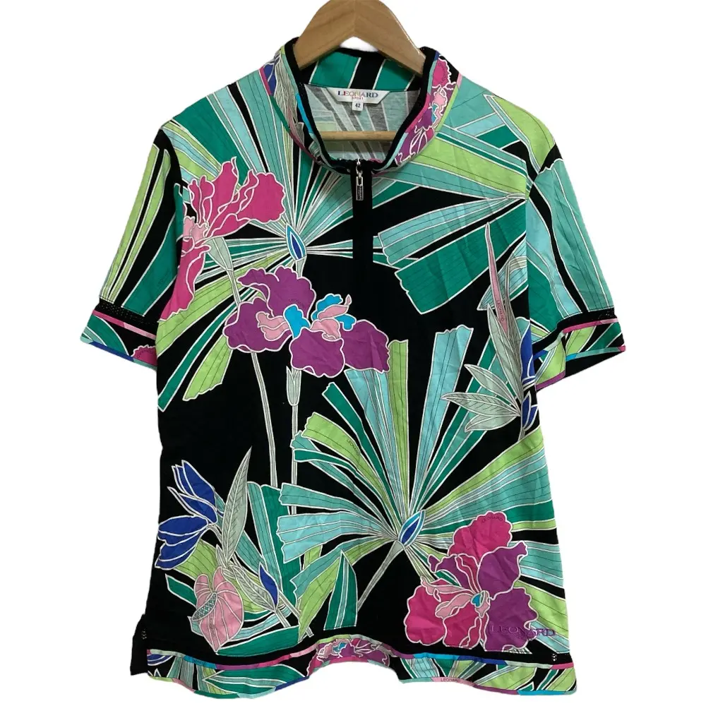 LEONARD SPORT レオナールスポーツ フラワープリント 半袖 ハイネック ジップブラウス プルオーバー サイズ42 ブラック系