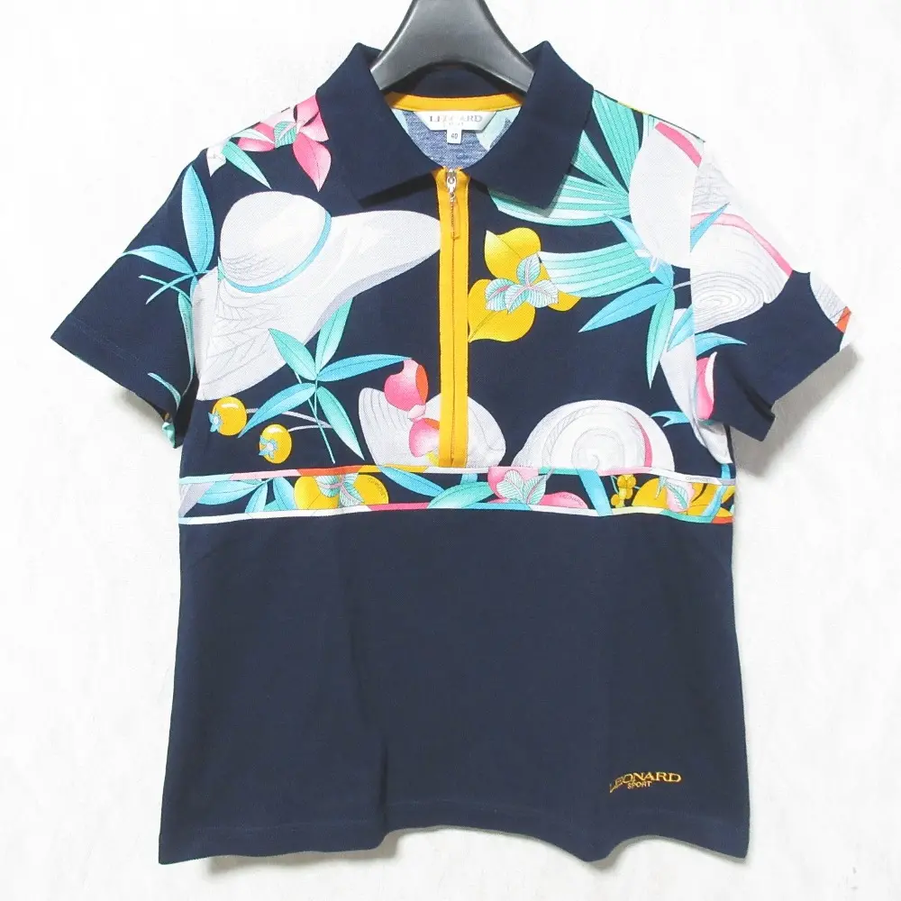 LEONARD SPORT レオナールスポーツ フラワープリント ハーフジップ 鹿の子ポロシャツ サイズ40 ネイビー