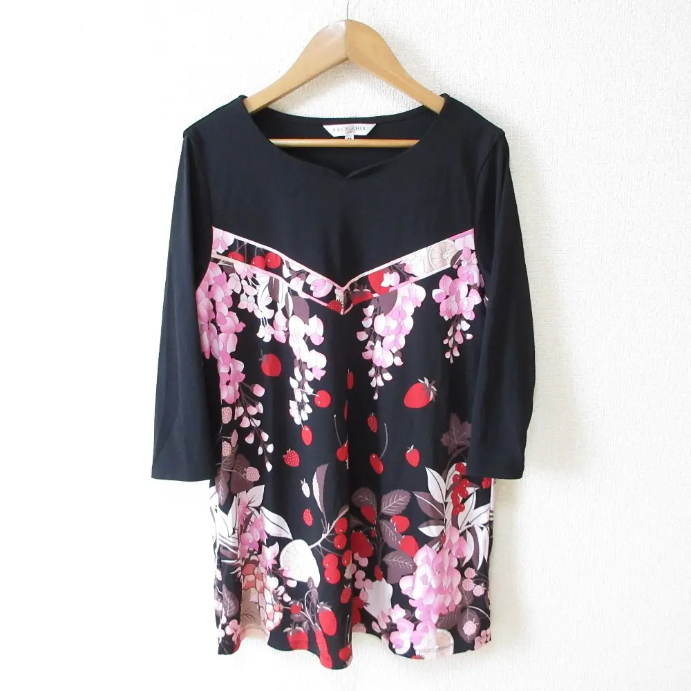 LEONARD SPORTS レオナールスポーツ フルーツ フラワープリント 七分袖 チュニック カットソー 38 ブラック×ピンク